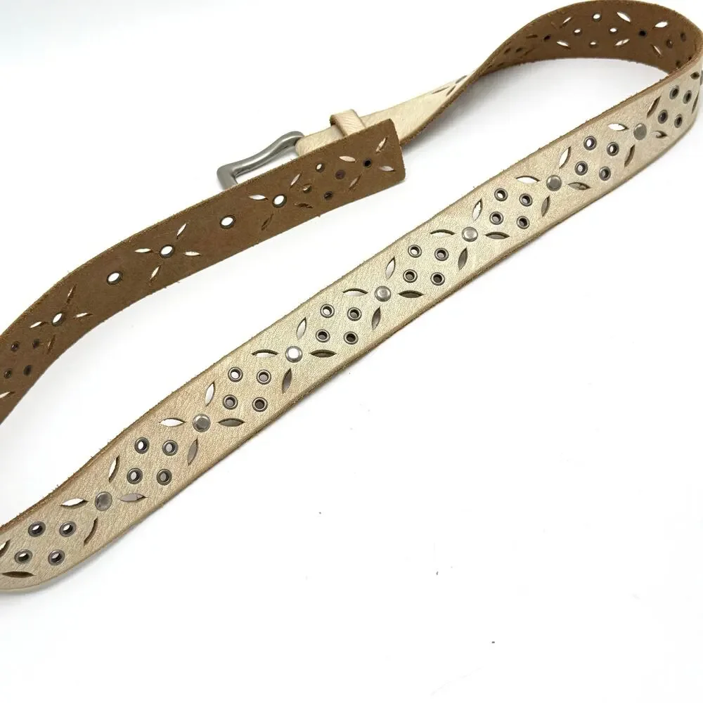 Fossil Boho Belt L 38 Studded Cream Leather Pinwheel Cut Outs Western Hippie Y2K